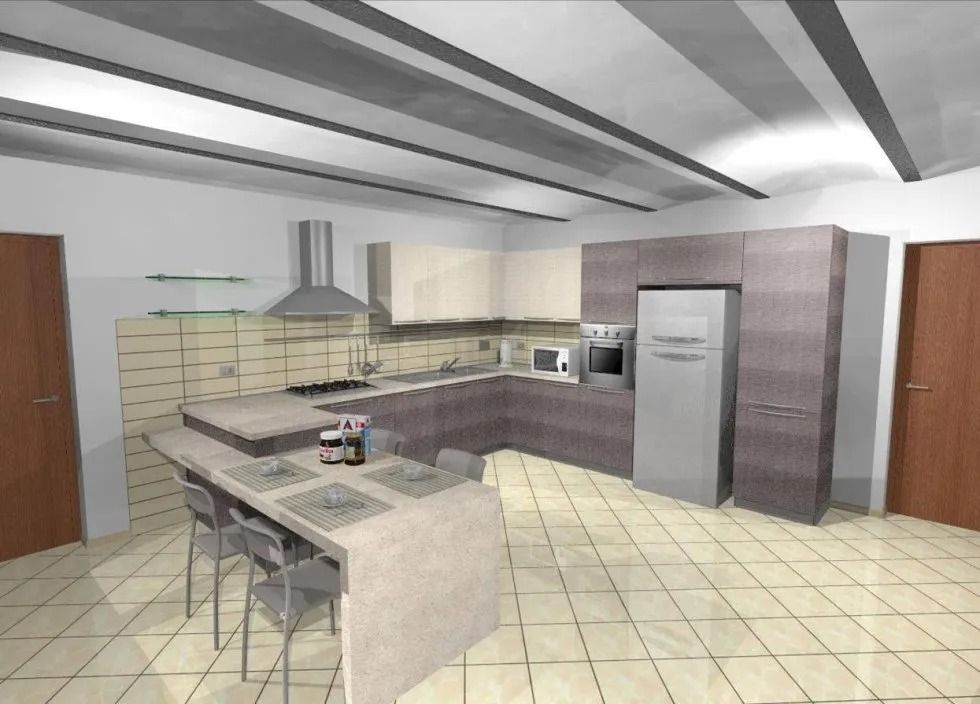 Una cucina moderna con pavimenti in piastrelle chiare, mobili grigi e crema e un'isola con sgabelli da bar.