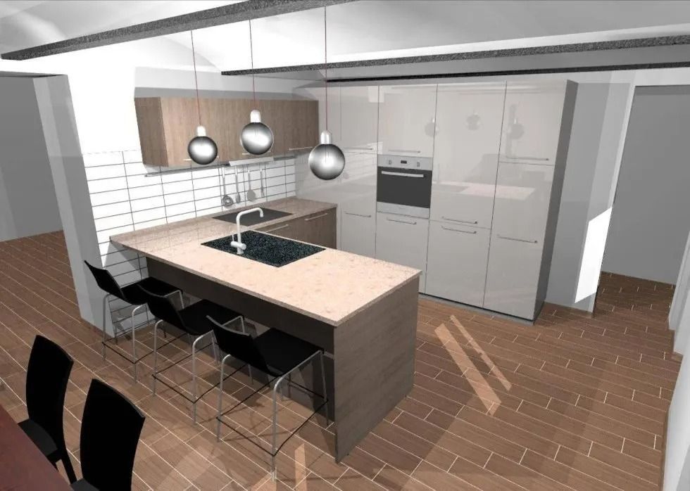 Cucina dal design moderno con isola, mobili, sgabelli da bar e lampade a sospensione.