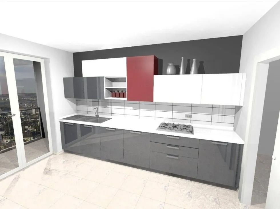 Cucina moderna con mobili grigi e bianchi, accenti rossi, ripiani bianchi e parete grigio scuro.