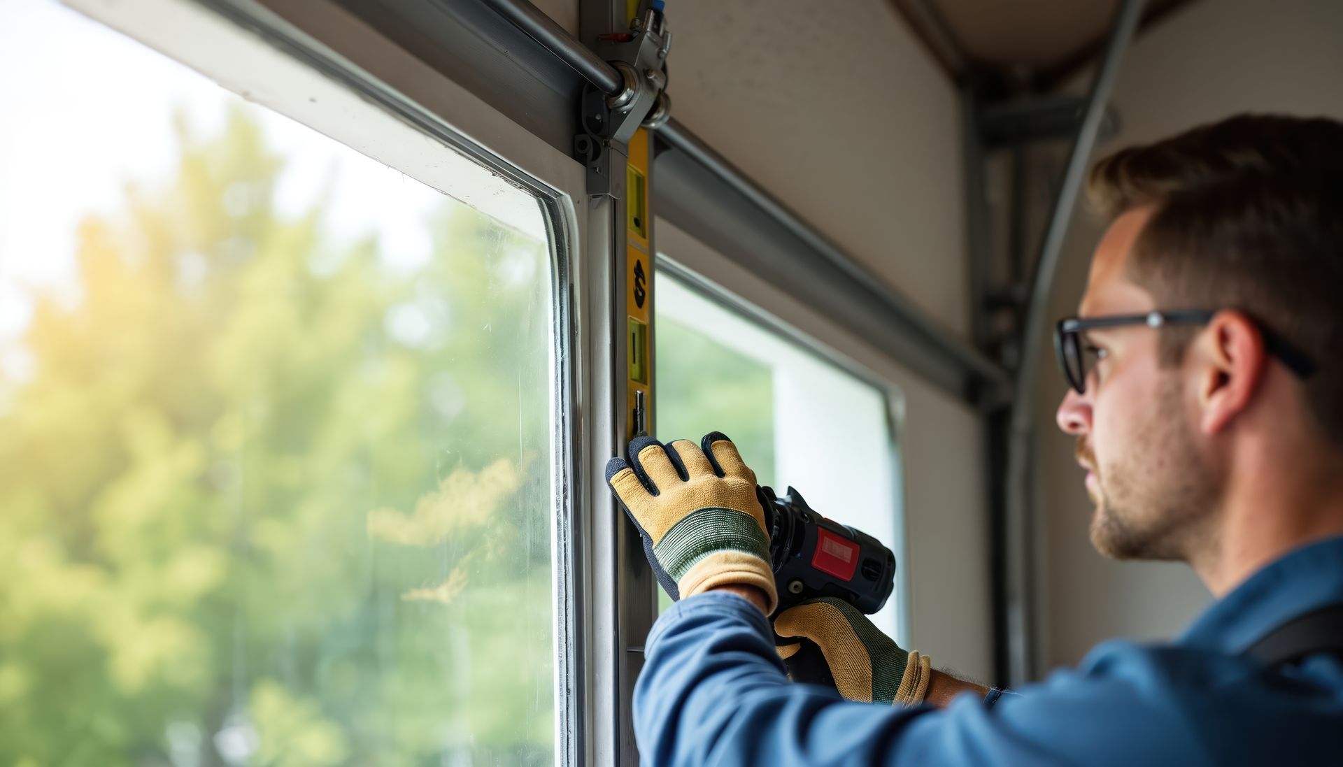 Man installs garage door using level and drill. Construction worker fits window panel.
