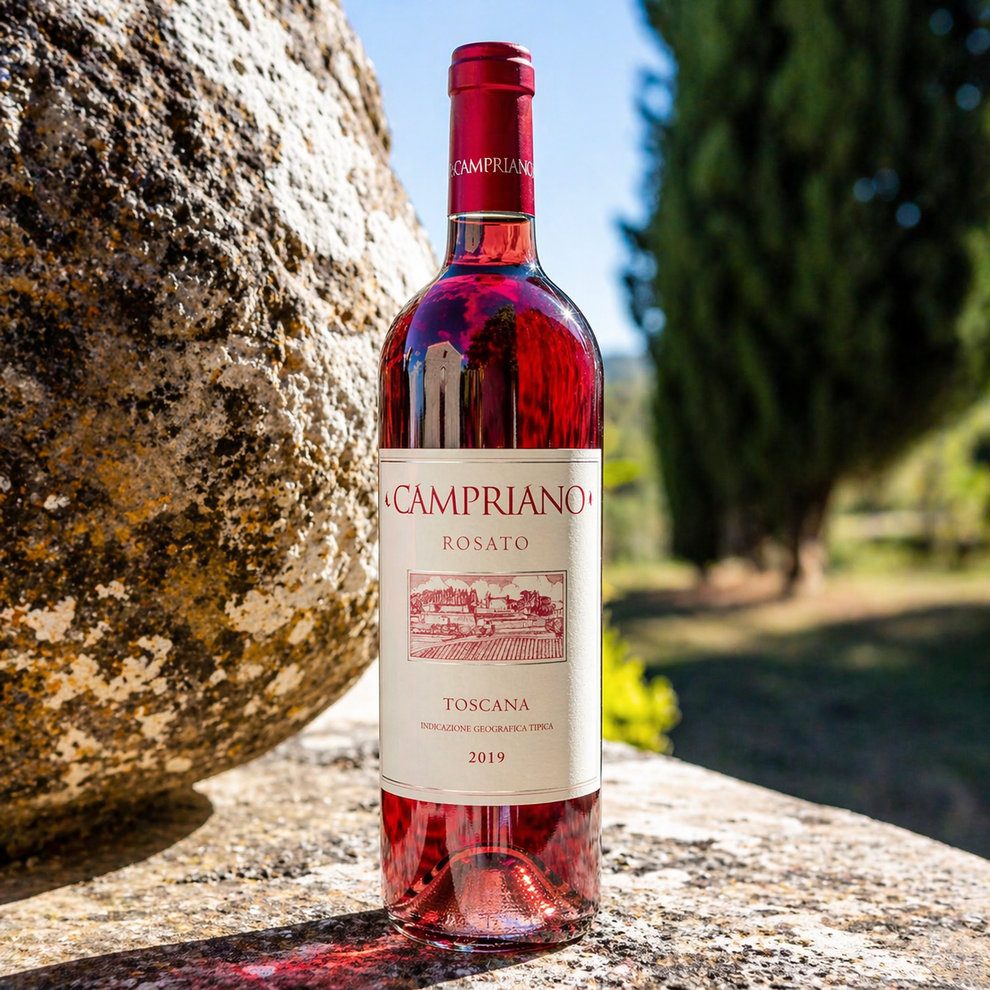 Bottiglia di vino rosato con etichetta rossa appoggiata su una sporgenza di pietra all'aperto, con un albero e una roccia sfocati sullo sfondo.