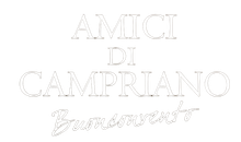 Logo bianco con la scritta “AMICI DI CAMPRIANO” e una parola più piccola in corsivo sottostante.