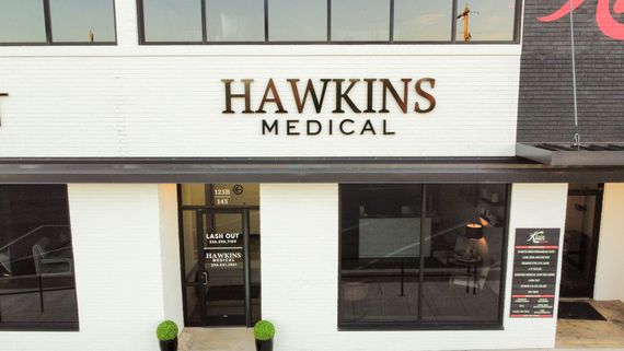 An aerial view of the front of hawkins medical.