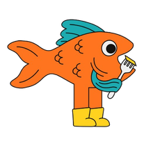Un pesce arancione stilizzato con pinne color verde acqua, che indossa stivali gialli e tiene una forchetta alla bocca.