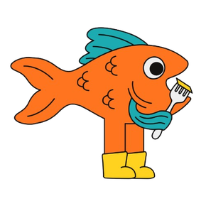 Un pesce arancione stilizzato con pinne color verde acqua, che indossa stivali gialli e tiene una forchetta alla bocca.