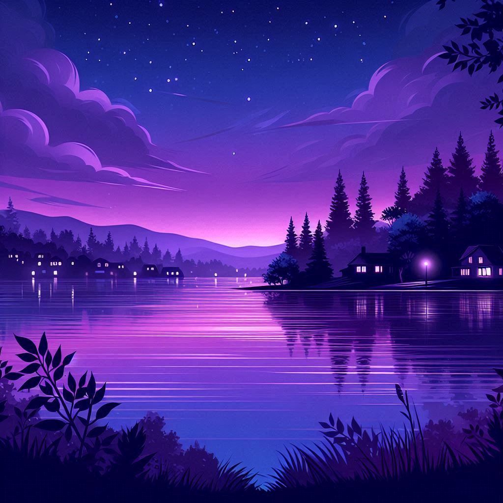 Night scene: Purple and blue lake reflects silhouetted trees and houses under a starry sky.