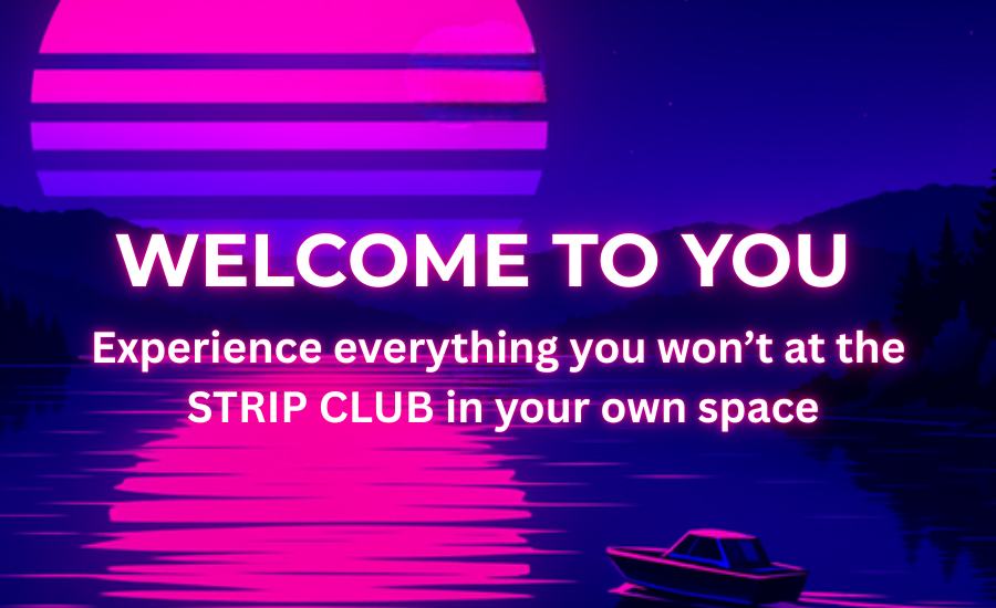 Website advertisement for private party strippers, text over a purple lake and forest background.