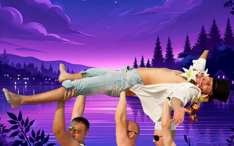 Three men lifting a shirtless man in a white shirt and top hat over a lake at dusk.