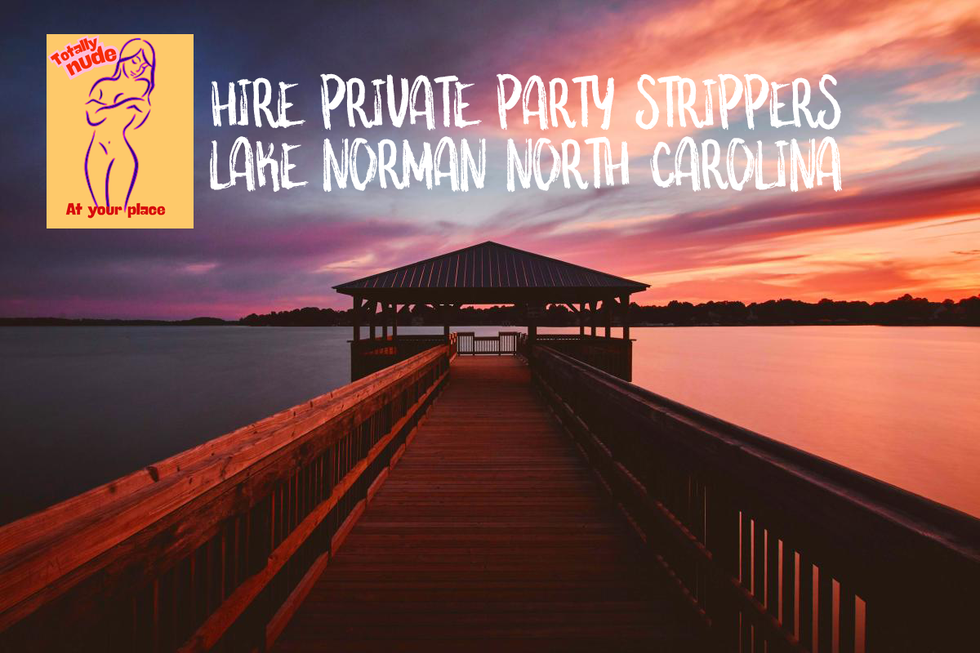 A sunset over a lake with a dock in the foreground and the words `` lake norman strippers to you '' below it.