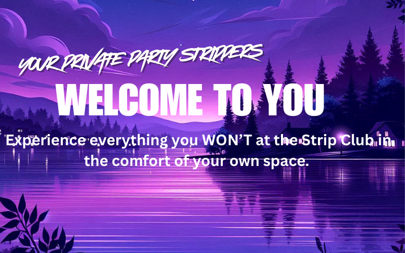 Website advertisement for private party strippers, text over a purple lake and forest background.