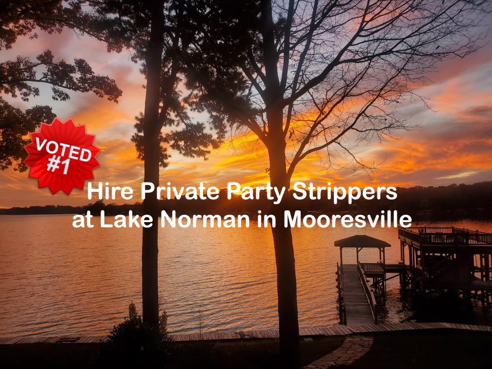 A sunset over a lake with a dock in the foreground and the words `` lake norman strippers to you '' below it.
