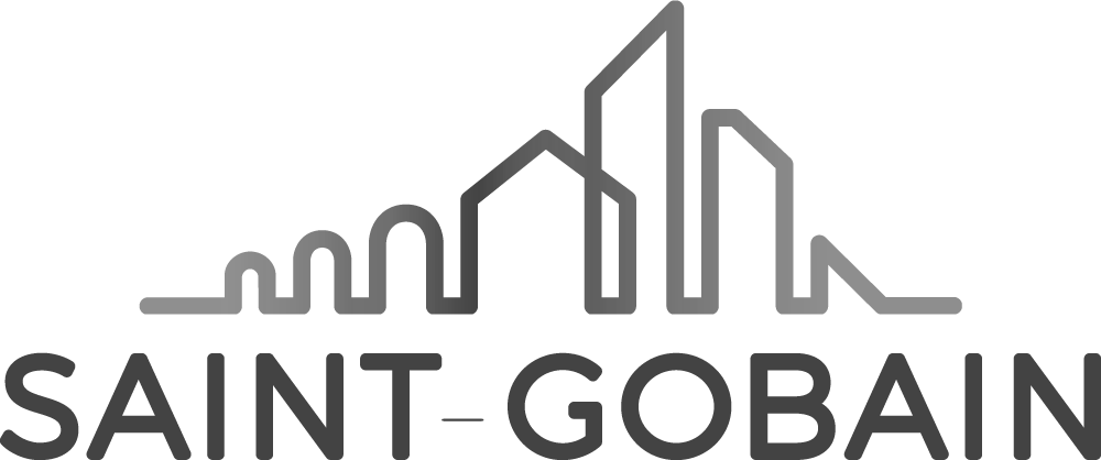 Un logo noir et blanc pour Saint Gobain avec un horizon de ville.