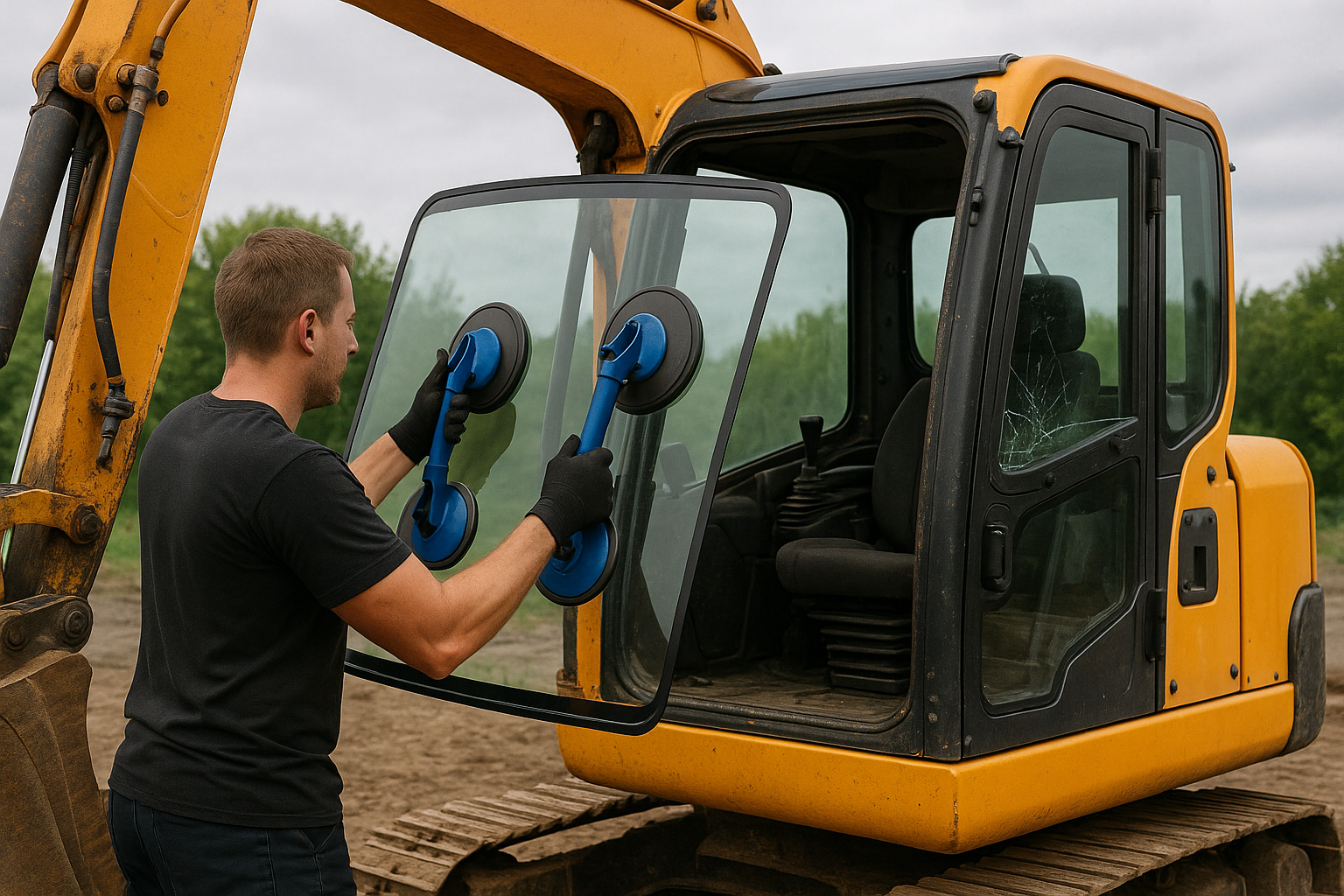 Un homme installe un pare-brise sur une excavatrice jaune.
