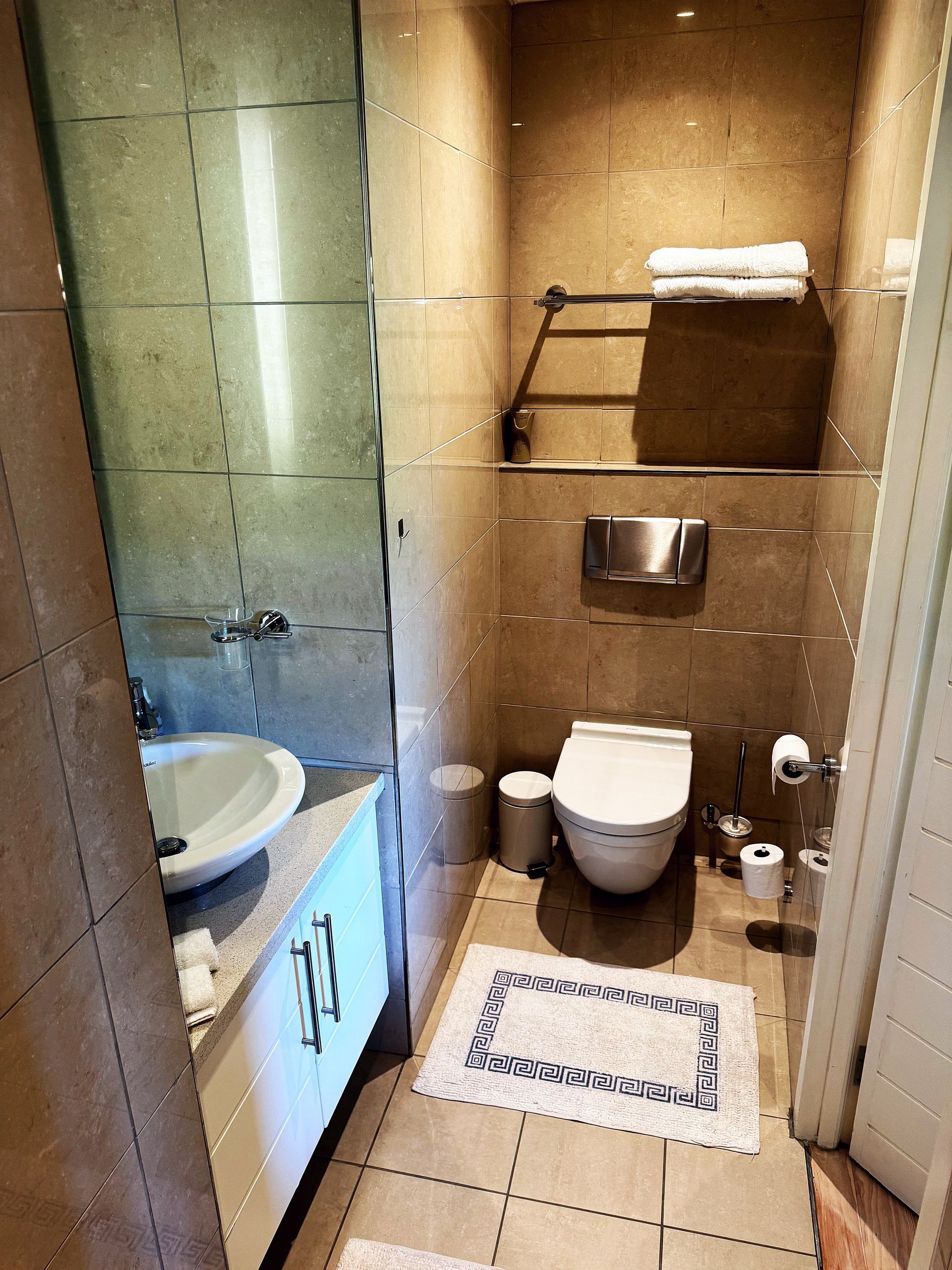 A bathroom with a toilet , sink , and towel rack.