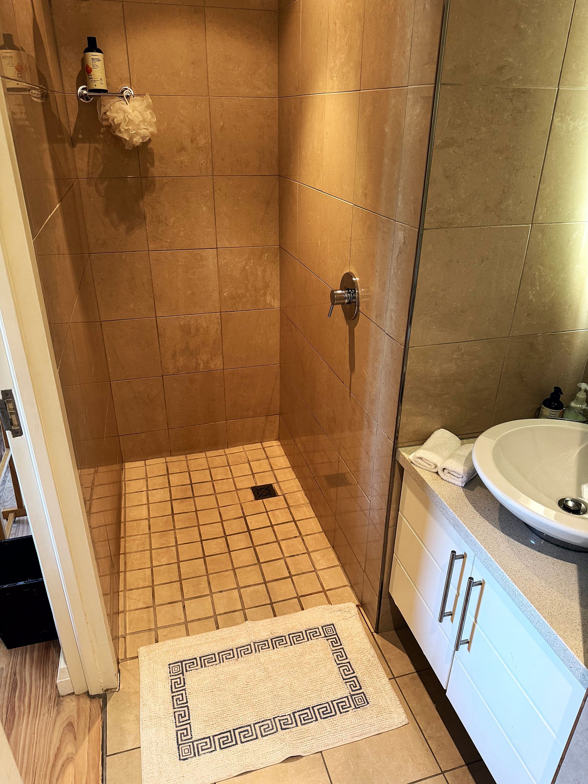 A bathroom with a walk in shower , sink and mirror.