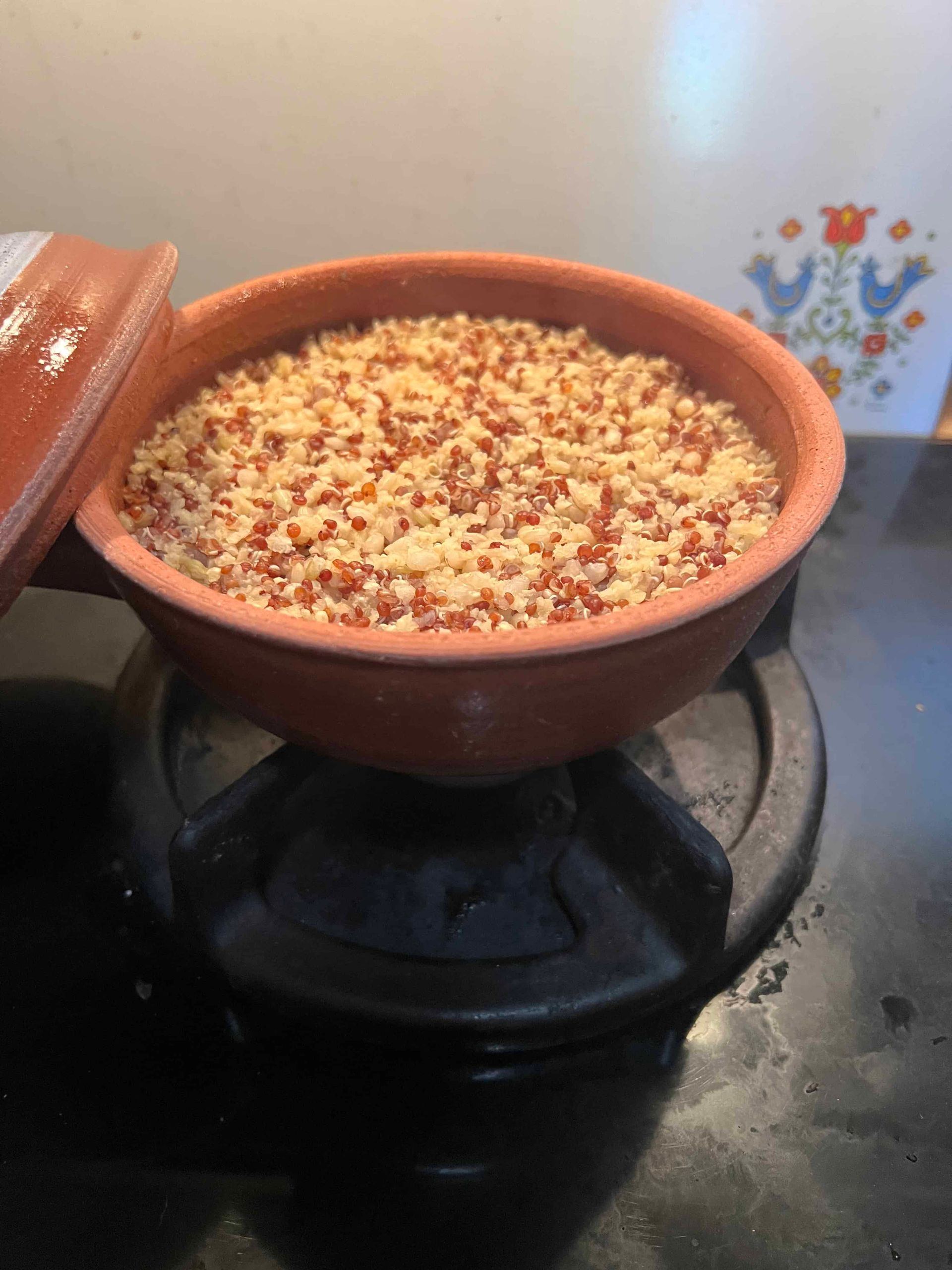 Cooked quinoa in a Tuolumne terracotta pot 
