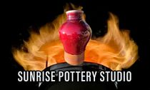 Sunrise Pottery Studio logo. Copper red vase with flame background