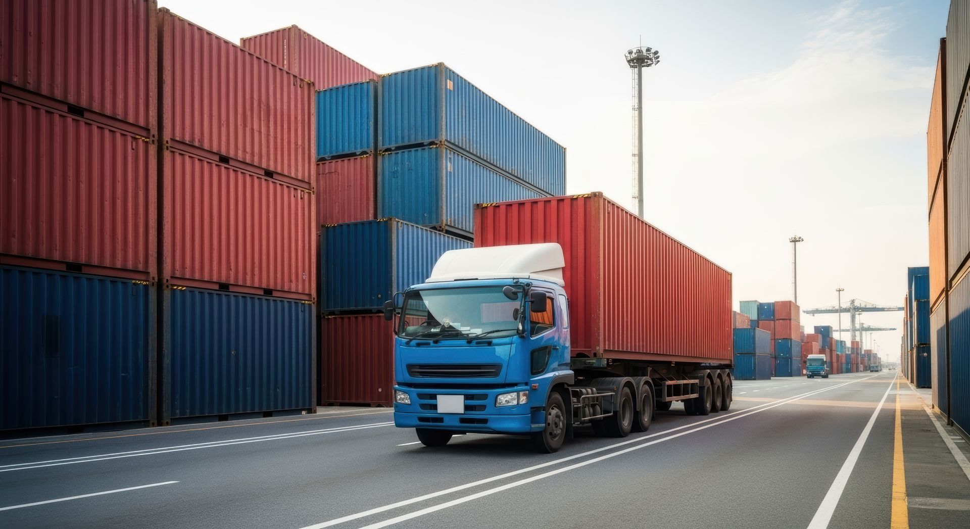 A cargo truck delivering containers at a port, showcasing a reliable shipping container supplier. A cargo truck delivering containers at a port, showcasing a reliable shipping container supplier.