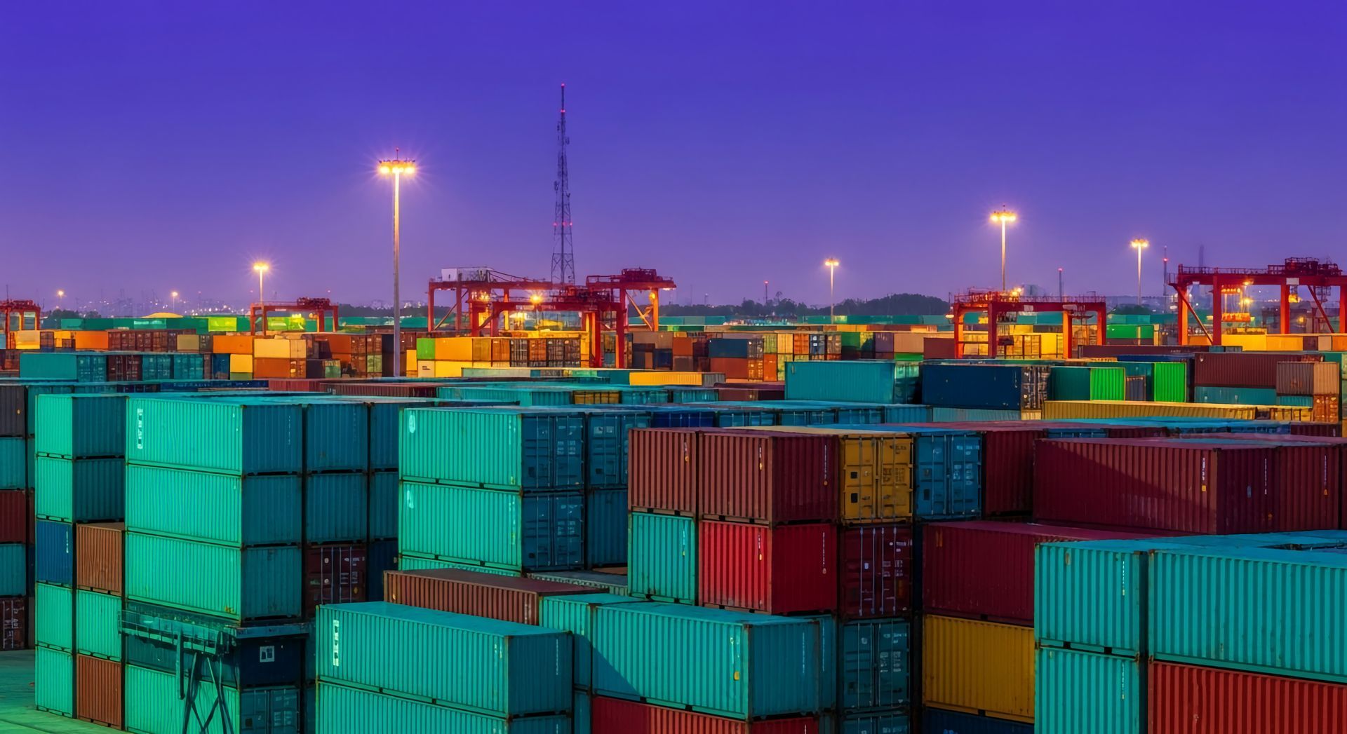 Shipping containers stacked at a port illuminated by bright lights under a twilight sky.