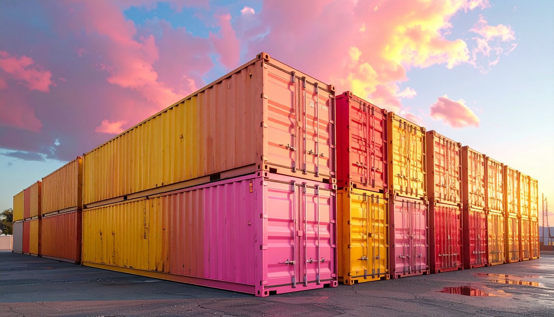 Colorful stacked shipping containers under a sunset sky.