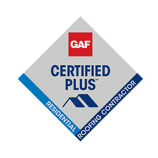 Diamond-shaped GAF Certified Plus Residential Roofing Contractor logo in red, blue, and gray.