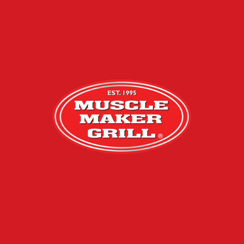 the muscle maker grill logo is on a red background