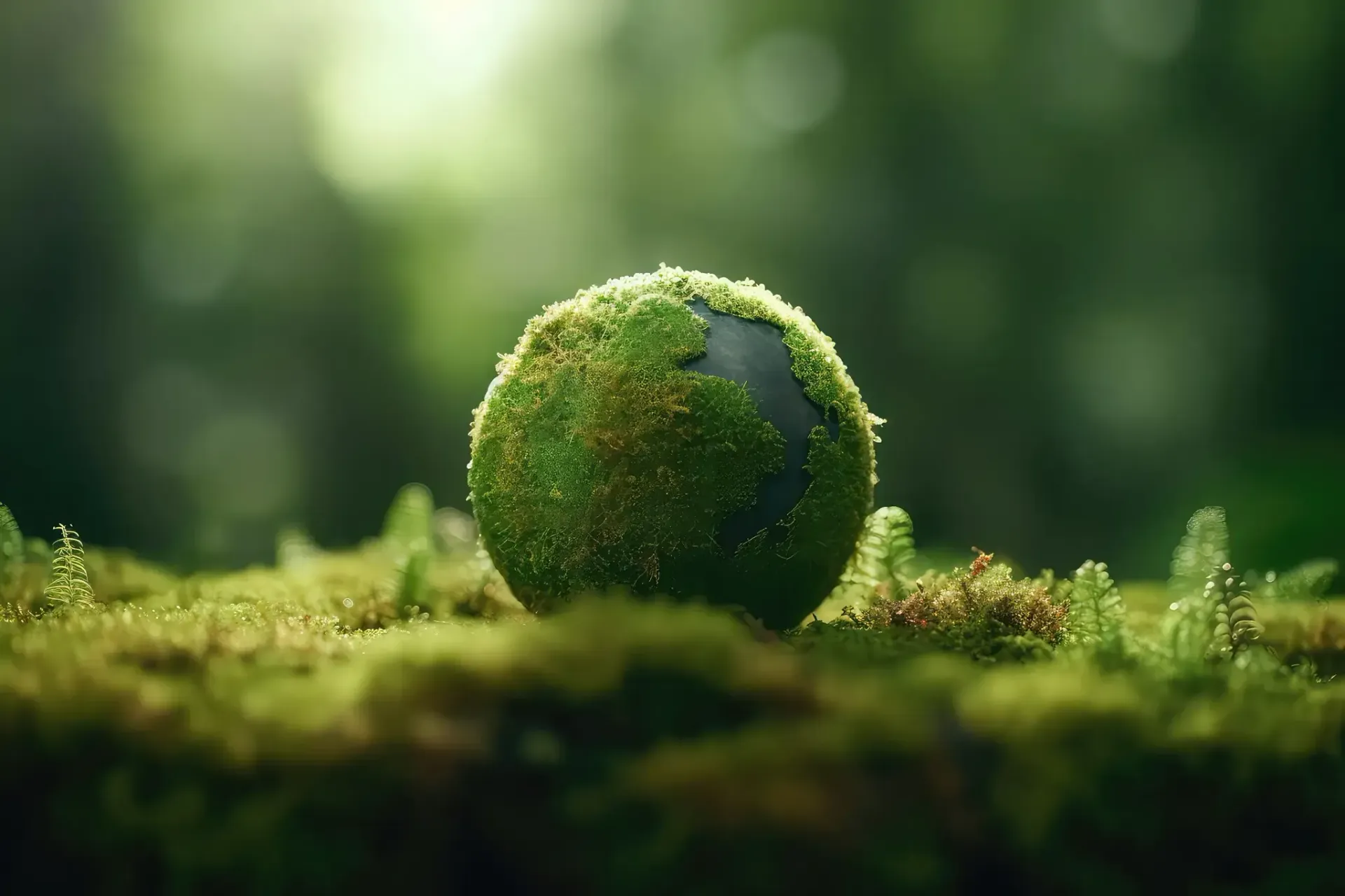 a globe covered in moss is sitting on top of a mossy hill