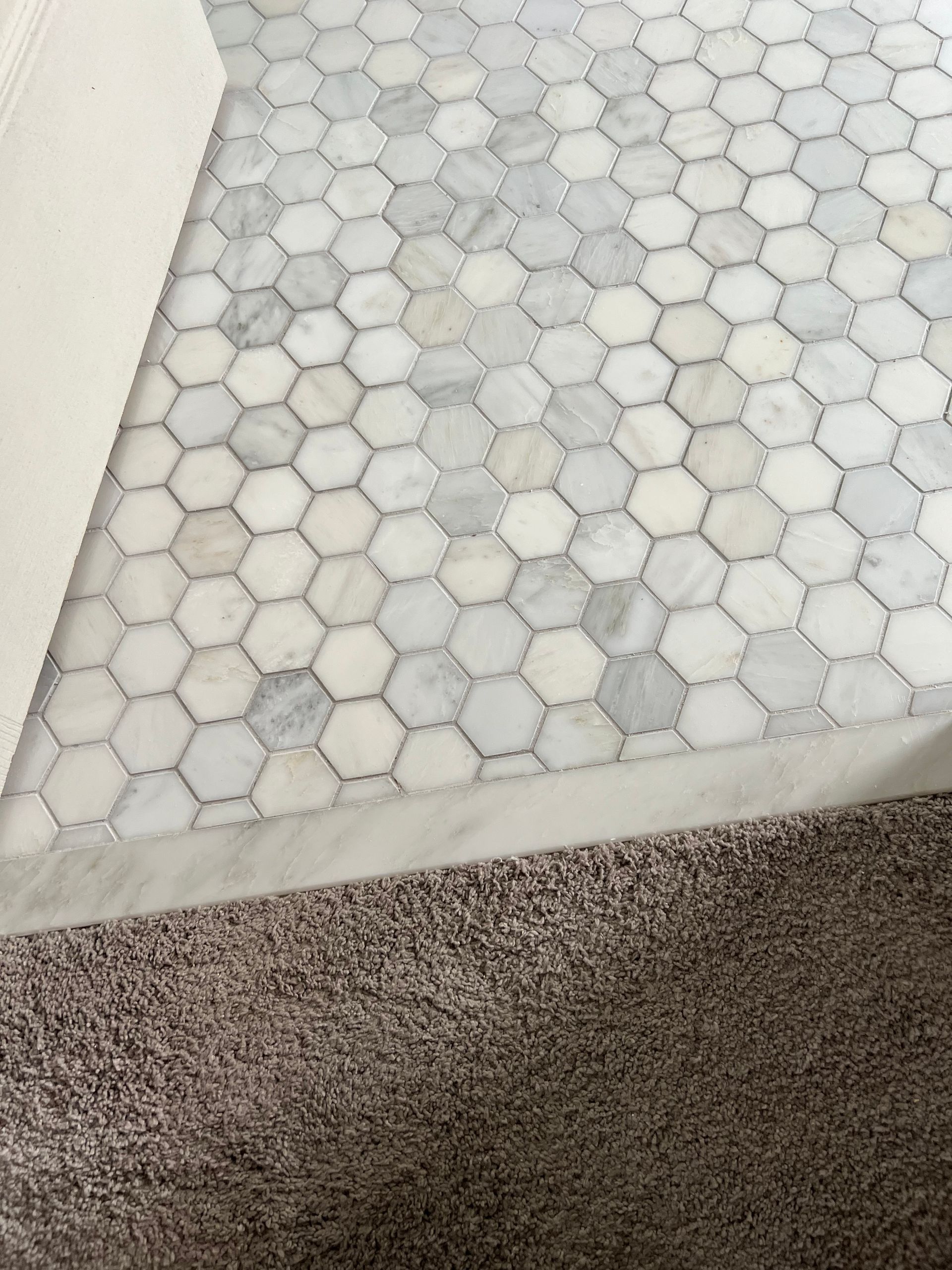 A close up of a tile floor with a carpet border