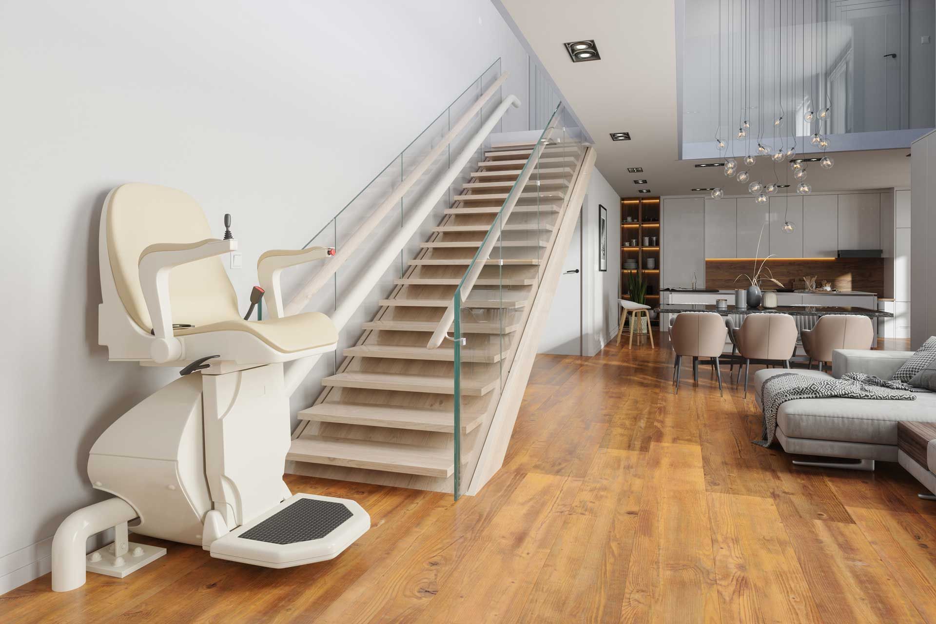 A stair lift installed on a wooden staircase in a modern home with open-plan living space.