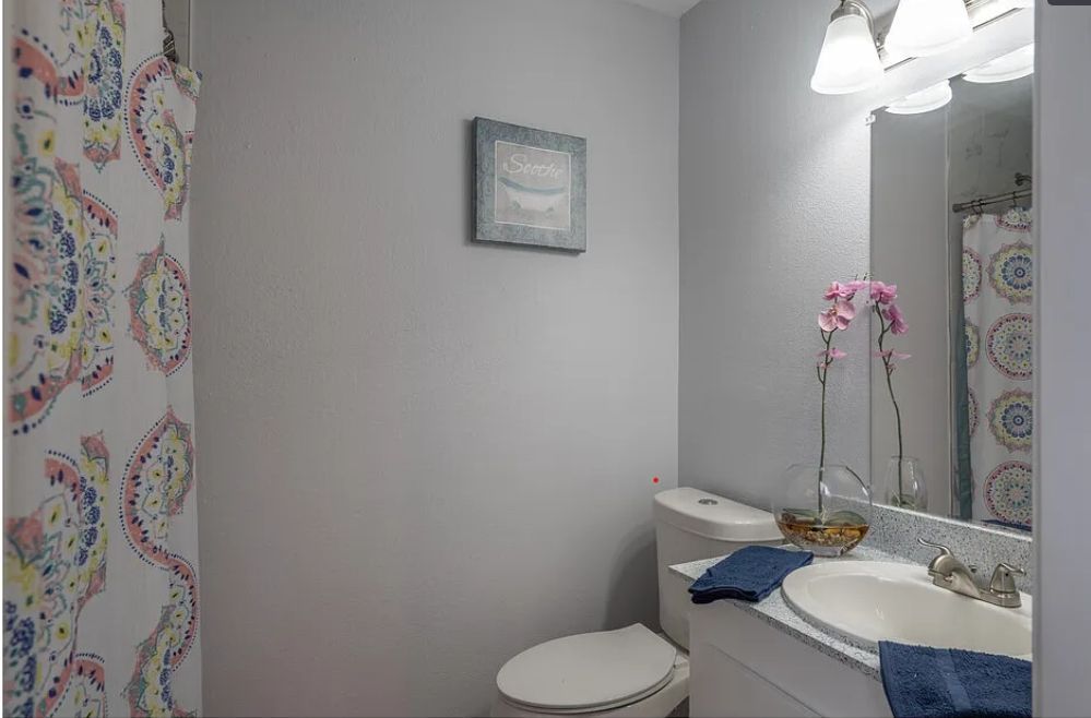 Photo of a bathroom, shoiwng a toilet and sink and vanity mirror
