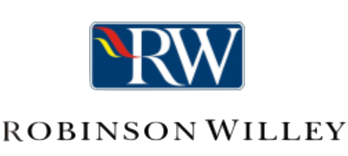 A blue and white logo for robinson willey
