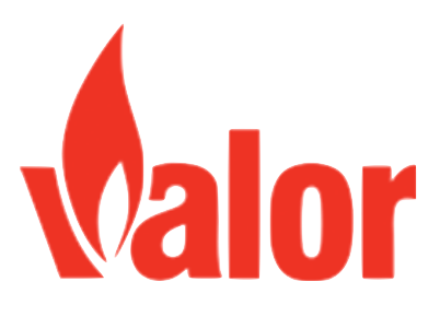 A red logo for valor with a flame in the middle