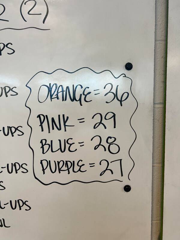A white board with orange pink and blue written on it