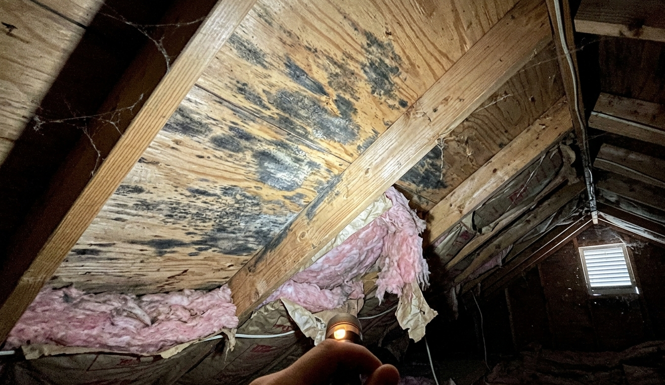 Black mold on attic roof sheathing caused by condensation in a Maine home