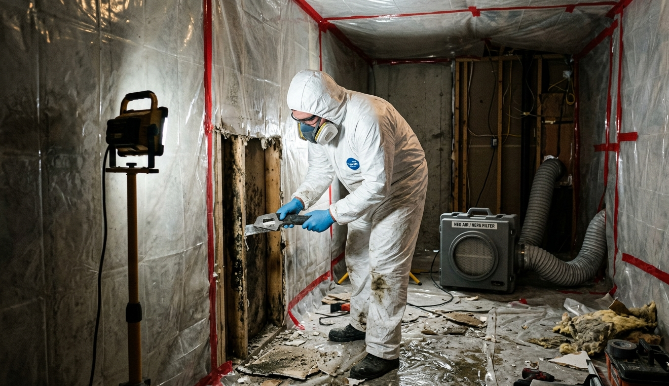 Mattra Inc. crew performing mold remediation with containment setup