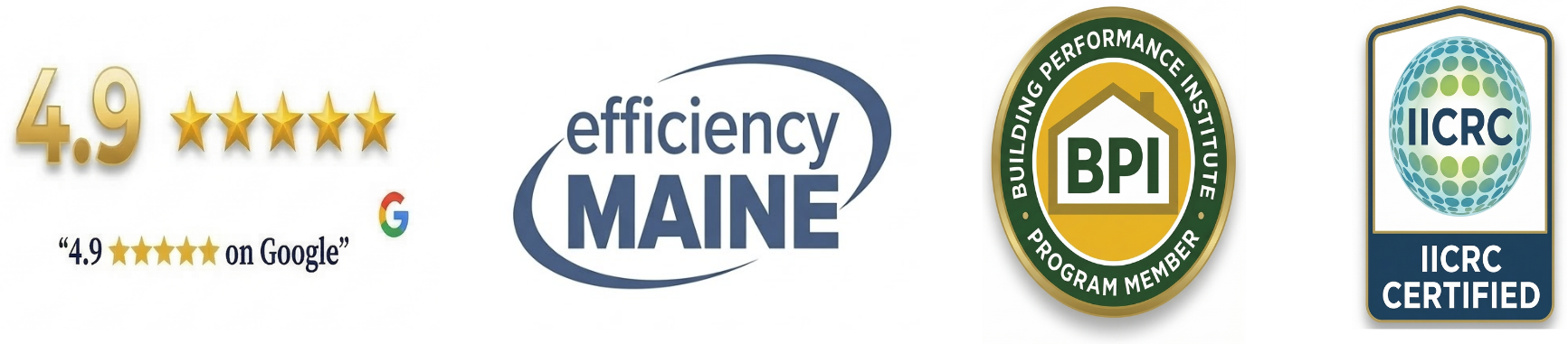 Mattra Inc. credentials: 4.9 stars on Google, Efficiency Maine Registered Vendor, IICRC and BPI Certified, Serving Maine Since 1996