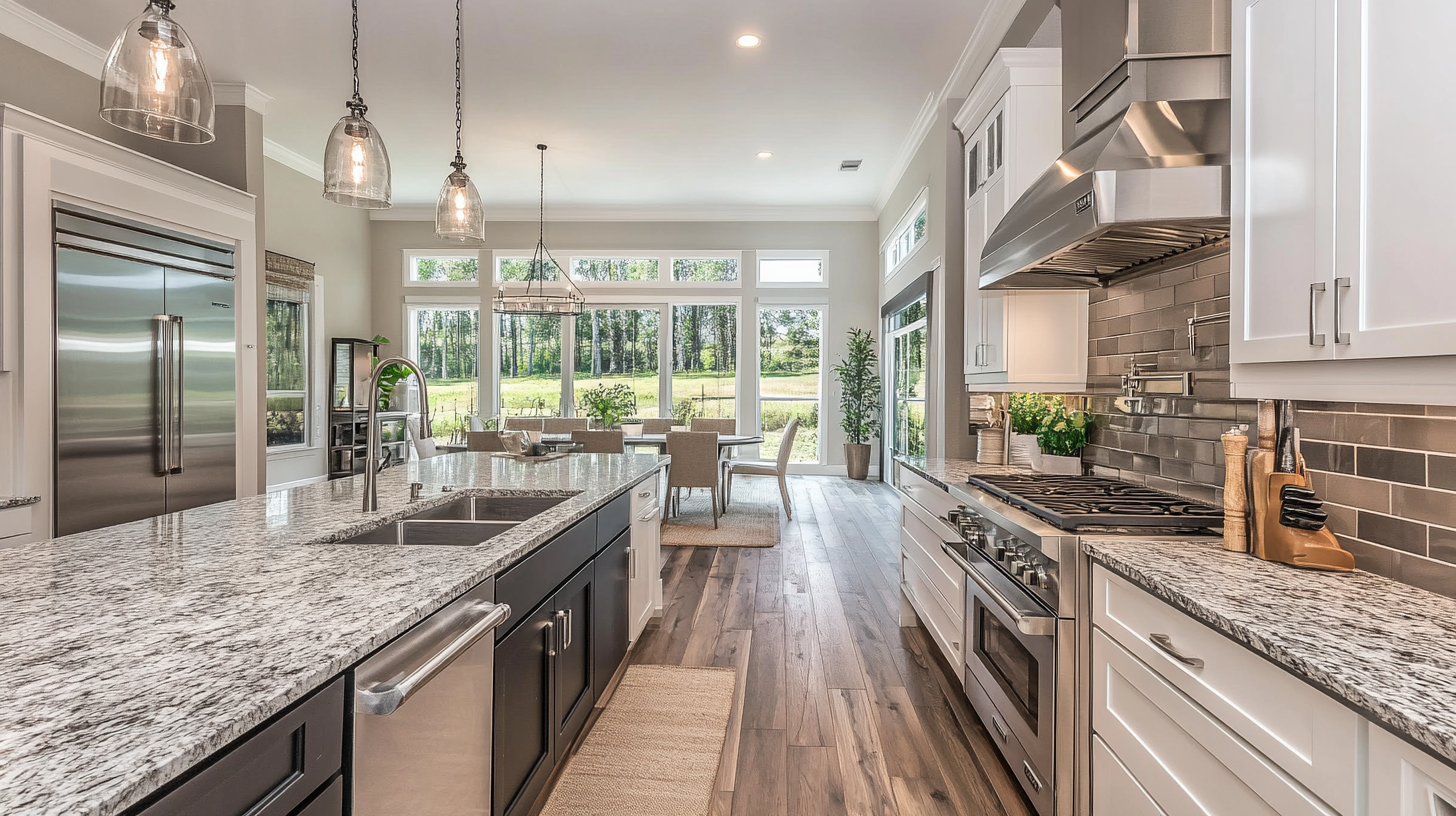 A kitchen with granite counter tops and stainless steel appliances.