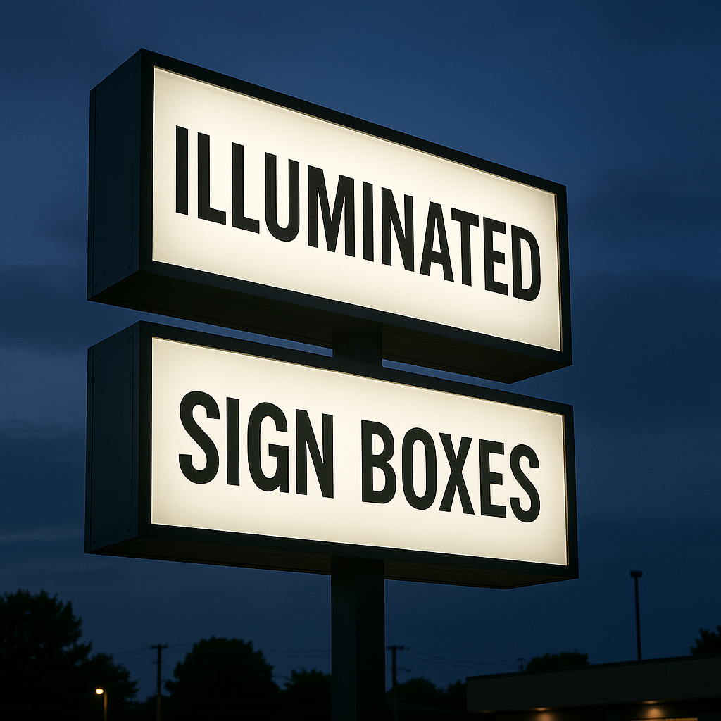 Illuminated pylon sign box by Carolina Signs & Wonders in West Columbia, SC, glowing brightly at night.