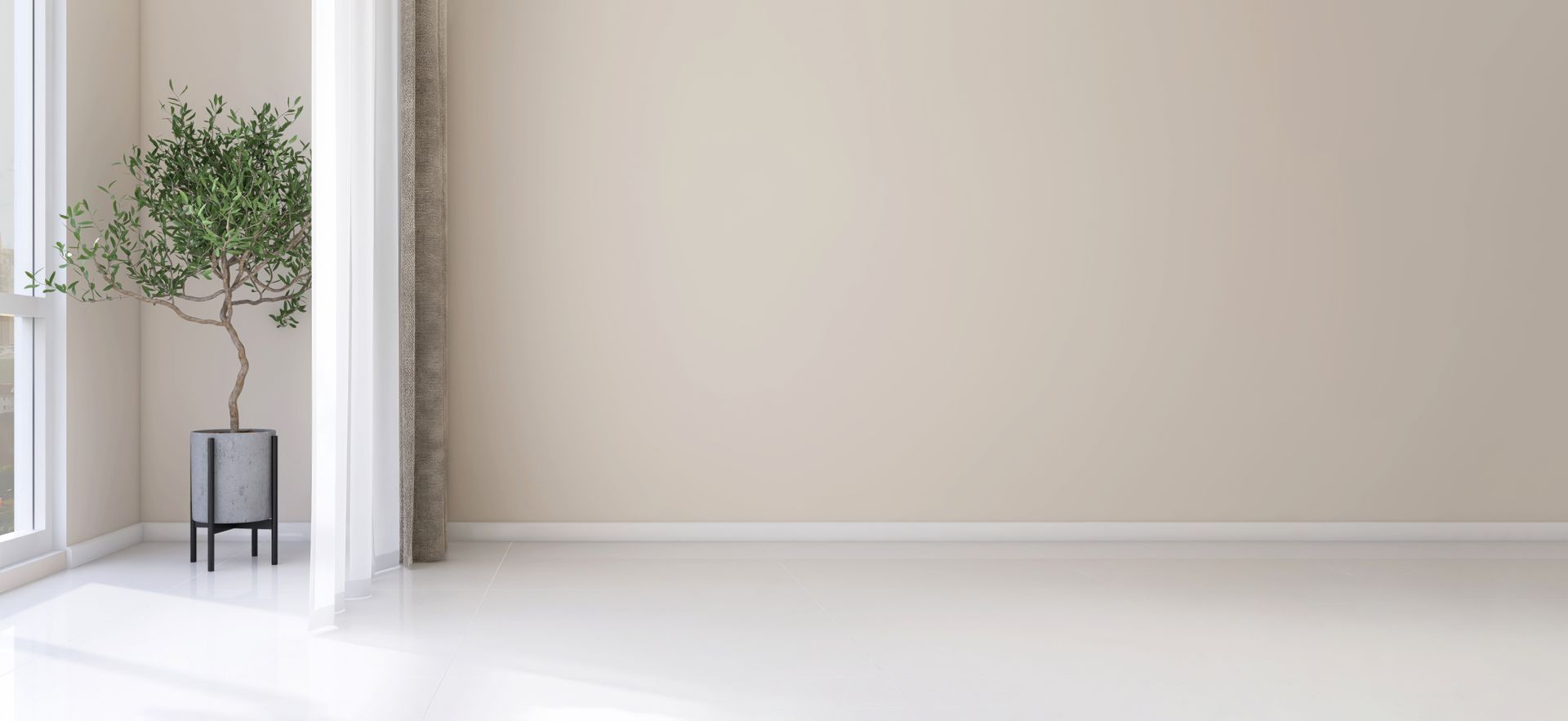 Empty room with a potted tree by a window and a neutral-colored wall.