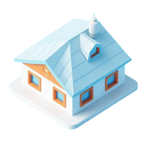 Cartoon house with a light blue roof, white walls, and orange trim.