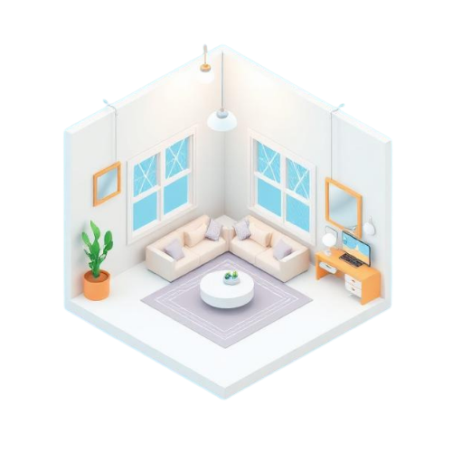 Isometric view of a living room with a sectional sofa, windows, desk, coffee table, and a cactus in a pot.