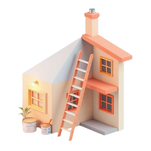 Cartoon house with ladder, paint cans, and potted plant.