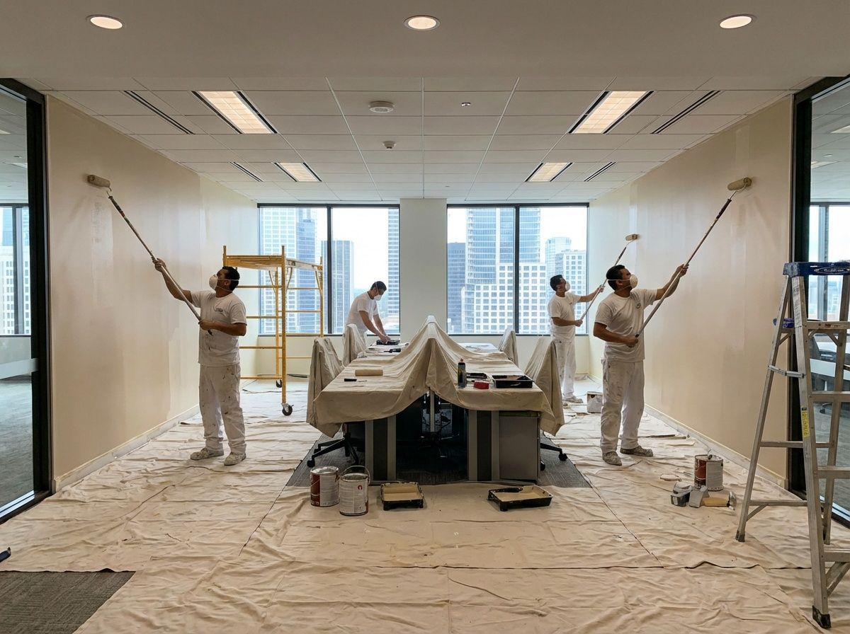 Four painters in white workwear use rollers to paint the walls of a commercial office space.