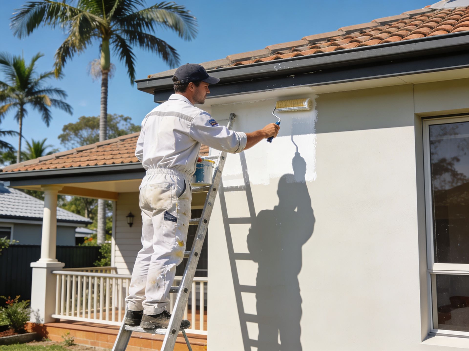 Painter on a ladder using a roller to paint a white exterior wall of a Brisbanehouse on a sunny day.