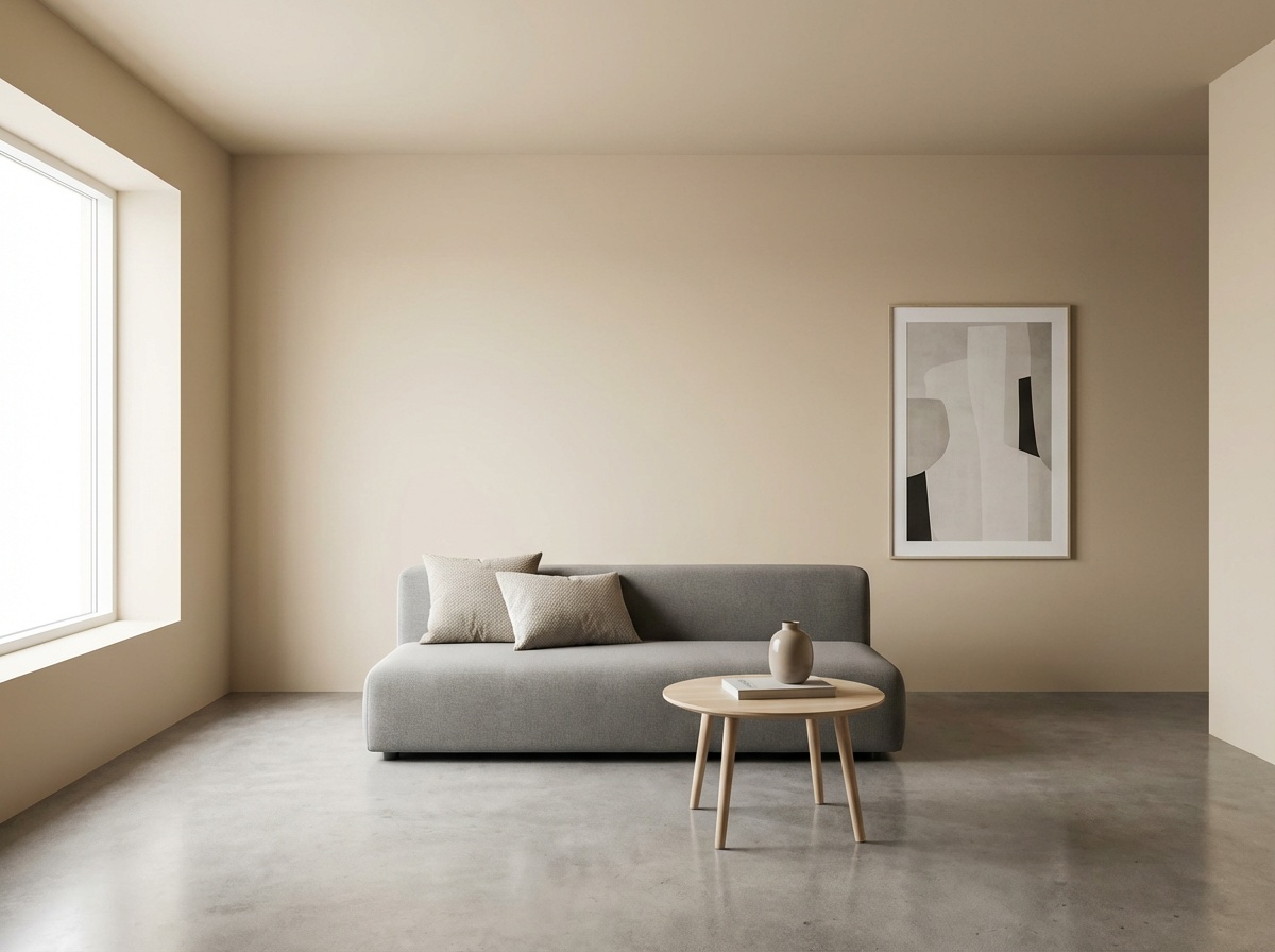 Neutral-toned living room in carindale with gray sofa, small wooden table, and art print on beige walls, and a large window.