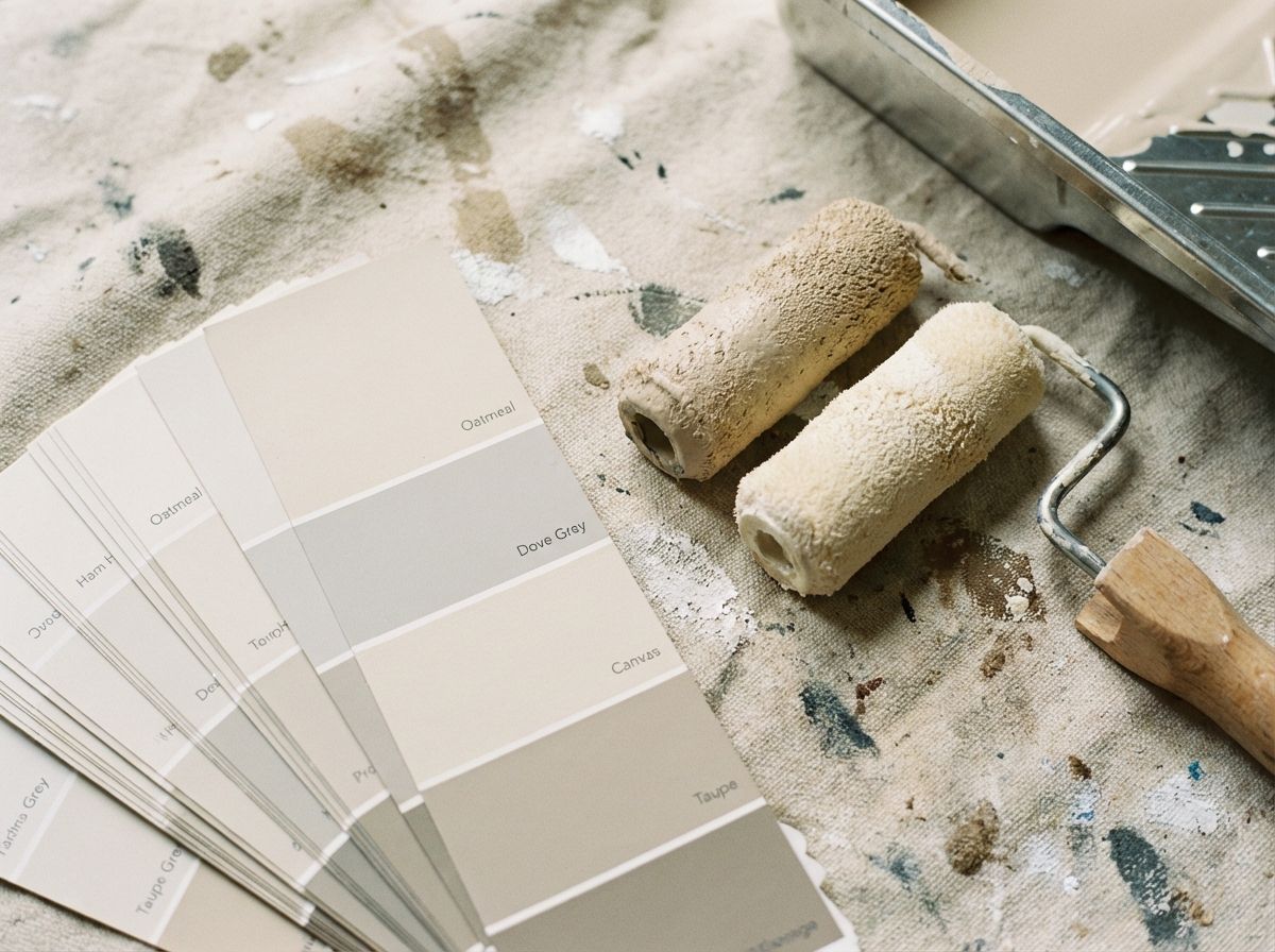Paint swatches in neutral beige tones sit beside paint rollers on a drop cloth.