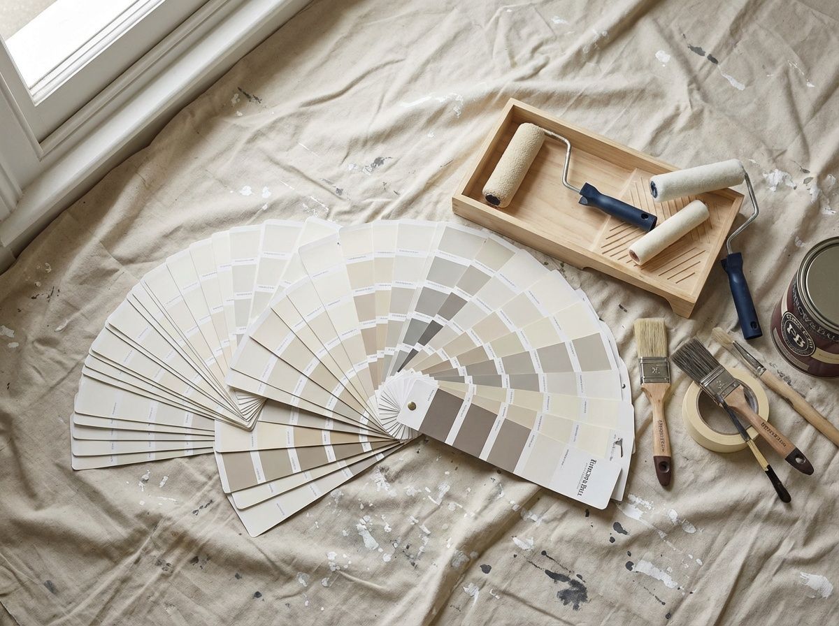 A paint color fan deck, rollers, brushes, and a paint can on a stained drop cloth, ready for a home painting project.