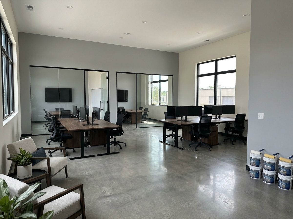 Modern office in Brisbane with grey walls, two desk setups, glass partitions, concrete floors, and lounge chairs in the foreground.