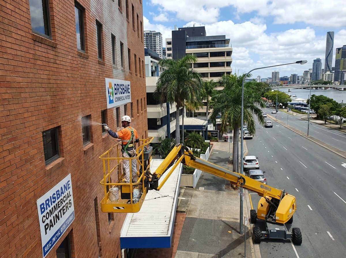 A worker in a yellow cherry picker uses a power washer to clean the brick exterior of a building beside a city road.