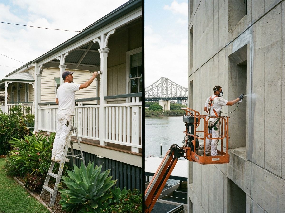 Split-screen view of two workers in white uniforms painting building exteriors, one on a ladder, the other on a lift.